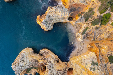 Ponta da Piedade in Algrave, Portugal. Aerial drone view at sunrise