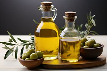 Olive oil. Bottle with olive and natural oil. Copy space