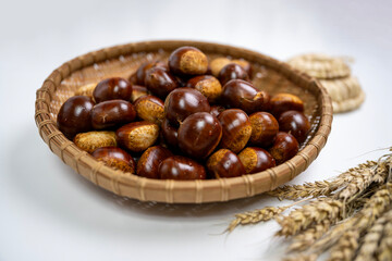Chestnuts, fruit, ingredients, close-up, white background, harvest, fall,