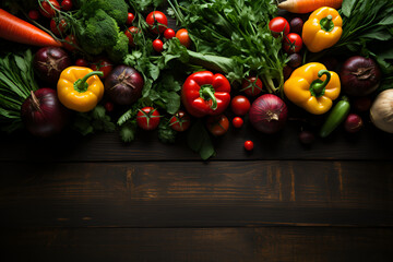 Vegetarian concept. Fresh vegetables on wooden background. Copy space