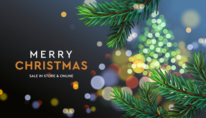 Christmas web banner with Xmas tree branches in sparkle blur bokeh effect background