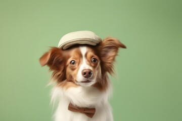 Medium shot portrait photography of a cute papillon dog wearing a cool cap against a pastel green background. With generative AI technology