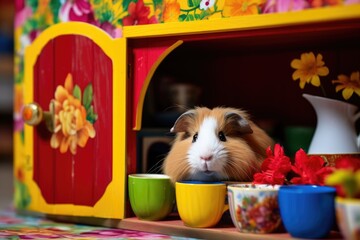 guinea pig peeking from its new colorful hutch