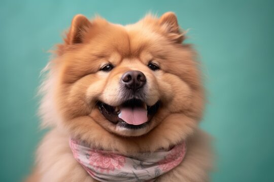 Lifestyle portrait photography of a smiling chow chow dog wearing a warm scarf against a pastel green background. With generative AI technology