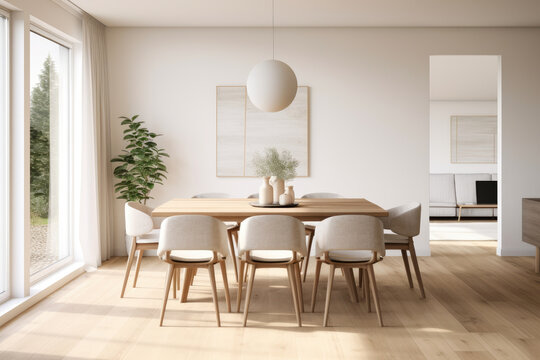 A Timelessly Elegant Scandinavian Dining Room: Serene Interior with Clean Lines, Neutral Colors, and Sleek Minimalist Decor, Showcasing the Beauty and Functionality of Scandinavian Aesthetics.