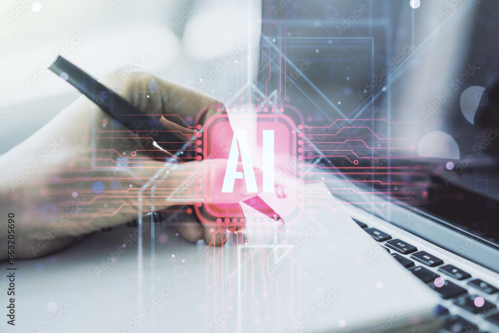 Poster creative artificial intelligence symbol concept with hand writing in diary on background with laptop