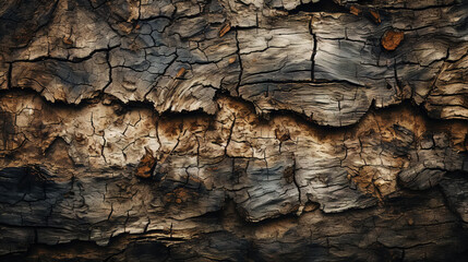 Charred wood bark dark texture. Detailed macro close-up view of tree burned scratched cork background. Generative AI - obrazy, fototapety, plakaty