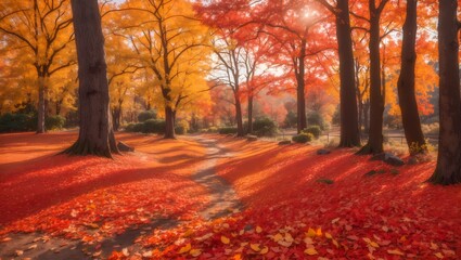 Vibrant Autumn forest park landscape. Generative ai