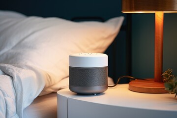 white noise machine on a bedside table