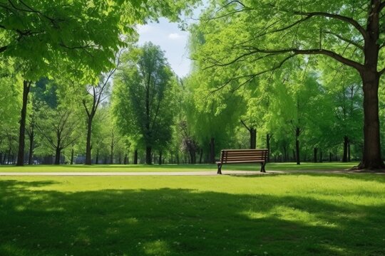 green park with a simple wooden bench