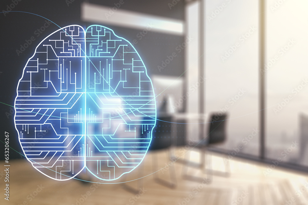 Poster double exposure of creative artificial intelligence symbol and modern desktop with laptop on backgro