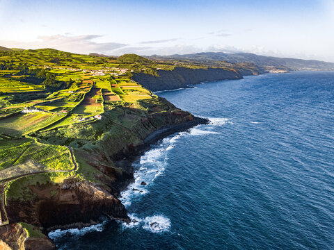 Aerial view of Sao Miguel shores and coastline, Azores Islands, Portugal, Atlantic