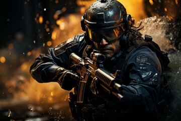 Fototapeta premium Navy SEAL breacher in action, entering a secured facility, Generative AI