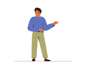 Man explains and points aside with hands. Male character represents something with hand gesture. Businessman speaks about offer or promotions. Vector illustration - obrazy, fototapety, plakaty
