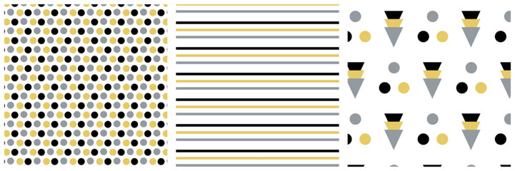 Geometrical regular seamless pattern set. Yellow, grey and black circles, lines and triangles on white background. Vector illustration.