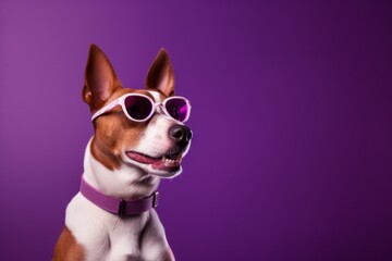 Medium shot portrait photography of a funny basenji dog wearing a trendy sunglasses against a deep purple background. With generative AI technology