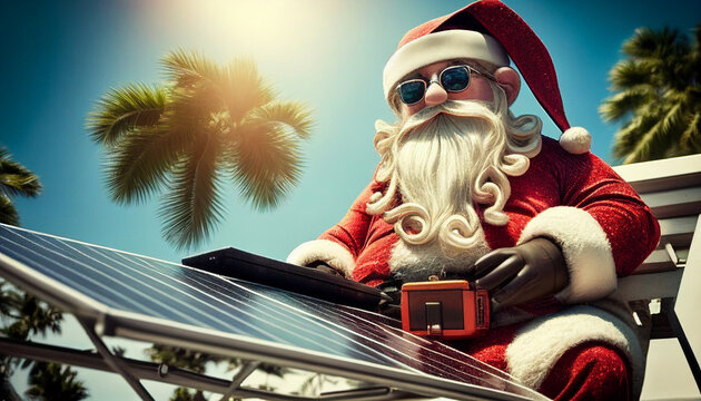 Weihnachtsmann mit Photovoltaikanlage Weihnachtskarte als Grußkarte Motiv Vorlage für Werbung bafa Prämie Förderung Staat Deutschland Generative AI 