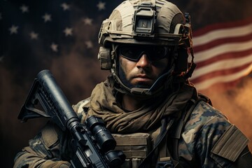 Navy SEAL in full combat gear with the American flag in the background, Generative AI