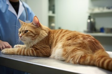 vet palpating cats back, examining its spine