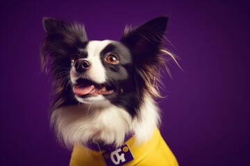 Lifestyle portrait photography of a happy papillon dog wearing a sports jersey against a deep purple background. With generative AI technology