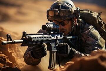  Navy SEAL team practicing tactical maneuvers on a desert terrain, Generative AI - obrazy, fototapety, plakaty