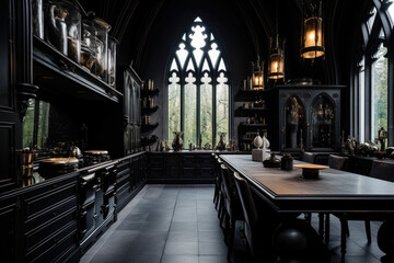 Crafting a Captivating Symphony of Shadows: A Luxurious and Moody Gothic-Inspired Kitchen Interior, Blending Contemporary Elegance with Striking Gothic Elements.