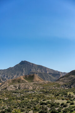 Tabernas desert landscape on a sunny day, Almeria, Andalusia