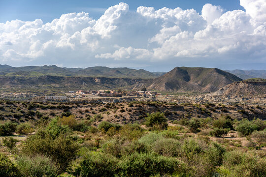 Tabernas desert landscape on a sunny day, Almeria, Andalusia