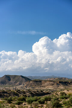 Tabernas desert landscape on a sunny day, Almeria, Andalusia