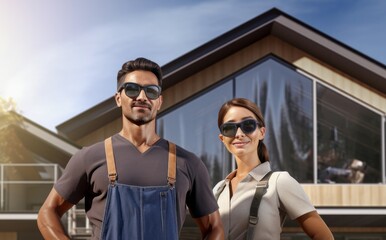 Man and woman standing together in front of a modern house