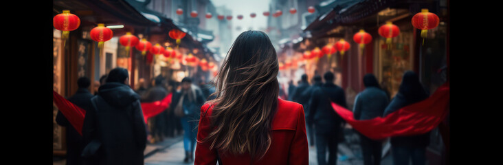 chinese, asian woman walks in a chinatown - obrazy, fototapety, plakaty