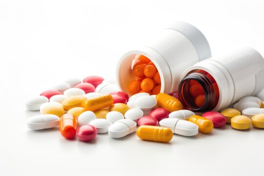 Multiple Prescription Bottles And Pills On A White Background