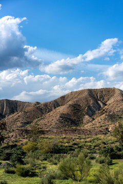 Tabernas desert landscape on a sunny day, Almeria, Andalusia