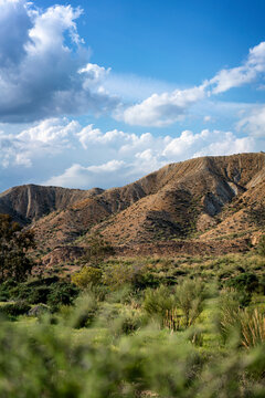 Tabernas desert landscape on a sunny day, Almeria, Andalusia
