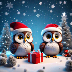 Owls hold a Christmas present in the falling snow.