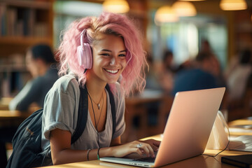 Happy pink-haired teen girl with backpack, in headphones, listen music, prepare for college or high-school exams using laptop sit at table in public or university library. Study, tech, i-generation - obrazy, fototapety, plakaty