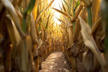closeup of golden corn stalks in a rustic maze
