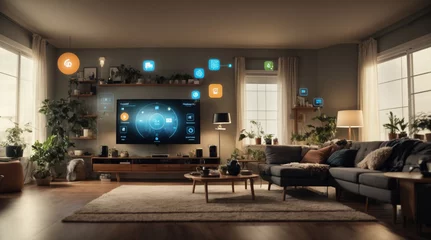 Fotobehang illustrate the concept of the Internet of Things with an image of a smart home, featuring various connected devices and appliances, shot from a low angle with a wide-angle lens generative AI © Monmeo