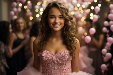 Fototapeta premium Quinceañera celebrating her 15th birthday with her elegant ball gown, Generative AI