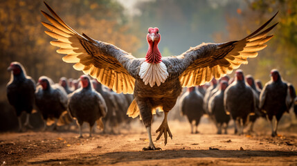 Running, large turkey with its wings spread on the country road. Free range turkey, poultry. Thanksgiving. - obrazy, fototapety, plakaty
