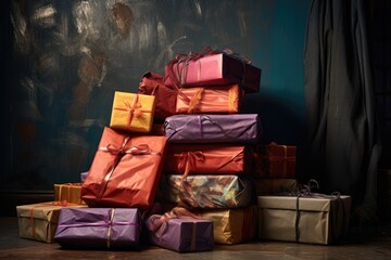 wrapped presents stacked up in a corner