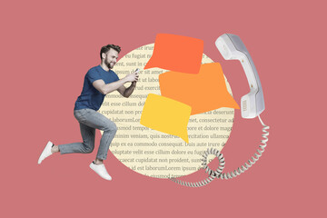 Photo collage artwork minimal picture of funny smiling guy talking gadget empty space isolated...