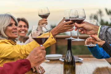 Mountain Toast at Sunset: Glasses of wine in sharp focus clink together on a mountain terrace, with the blurred, joyful faces of celebrating adults in the backdrop as the sun descends. - obrazy, fototapety, plakaty