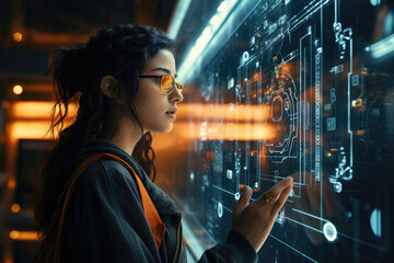 Young beautiful female programmer in glasses analysing digital data, touching screen, push buttons on holographic monitor in server room of innovative futuristic data centre. Technology, cyber-space