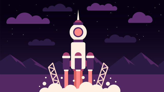 Spaceship launches from the earth into space against the backdrop of a mountain landscape - cartoon vector illustration.