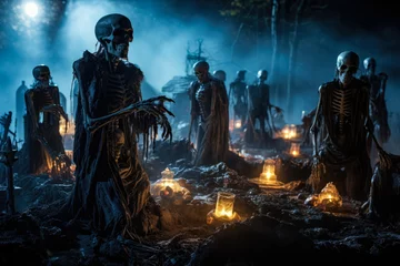 Fotobehang Ghoulishly illuminated graveyard scene for an outdoor Halloween terror spectacle  © fotogurmespb