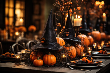 Enchanting centerpiece featuring witch hats cobwebs and candles for Halloween dinner 