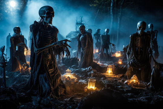 Ghoulishly illuminated graveyard scene for an outdoor Halloween terror spectacle 