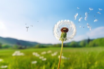 a dandelion with airborne seeds due to blowing breath