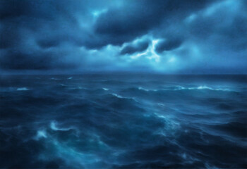 Fototapeta premium Haunted by the Shadows, Mysterious Blue Sky Over a Scary Ocean